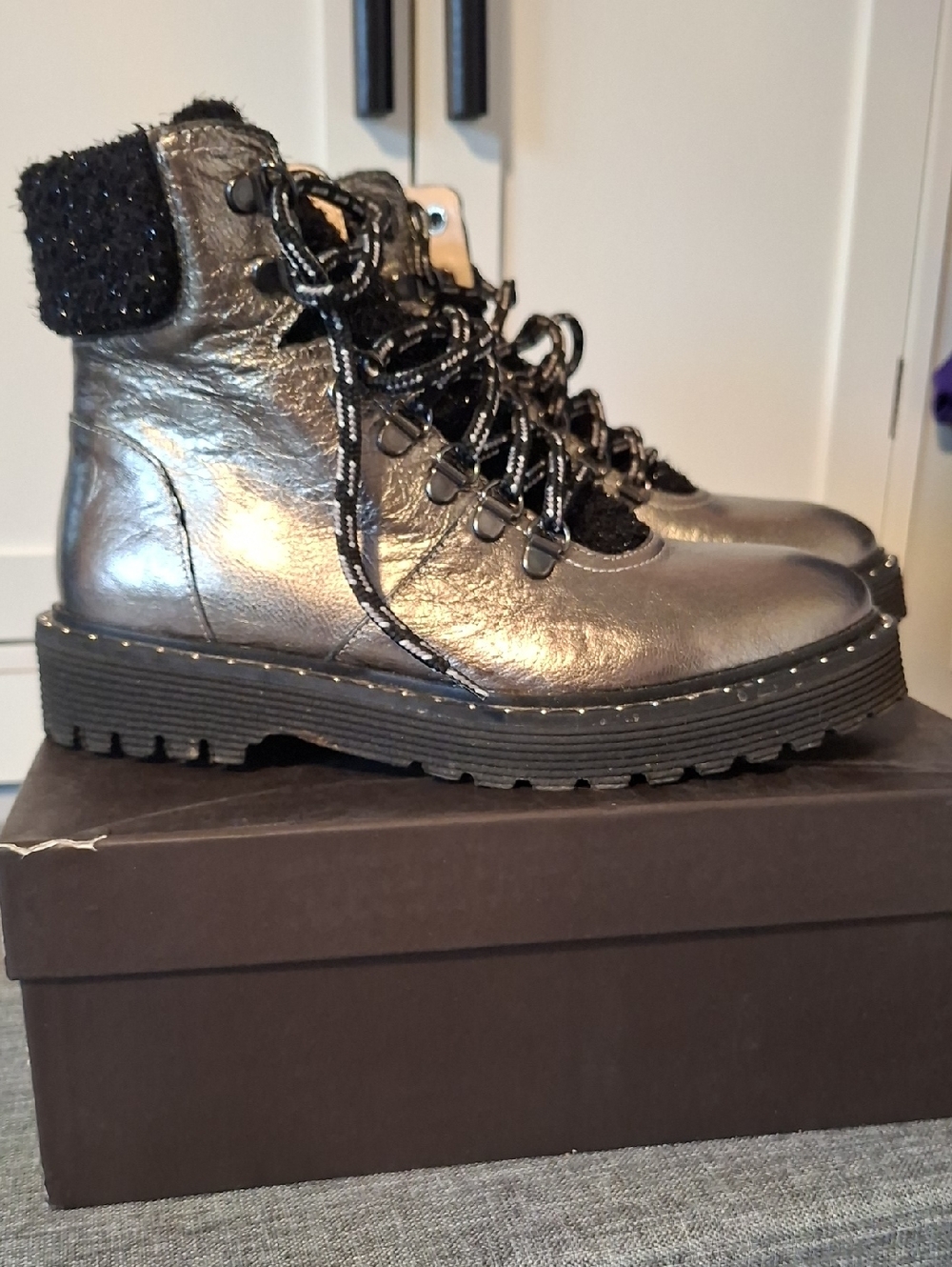 Ron White Metallic Silver Lace-Up Women's Boots with Black Trim